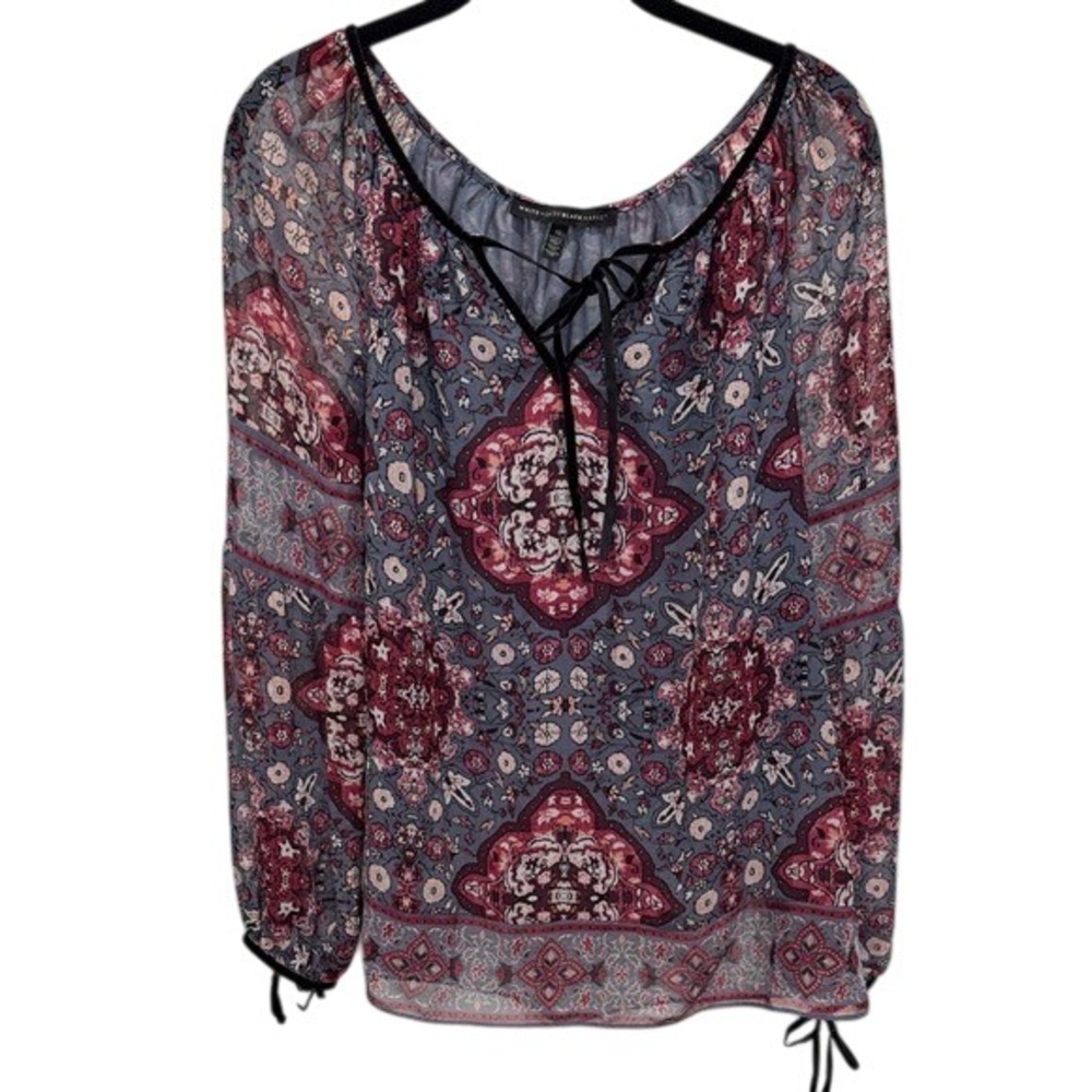 White House Black Market Boho Medallion Chiffon Blouse‎ Blue Burgundy Velvet  10